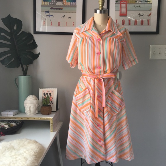 Vintage Dresses & Skirts - VTG • Sherbet Striped Shirtdress